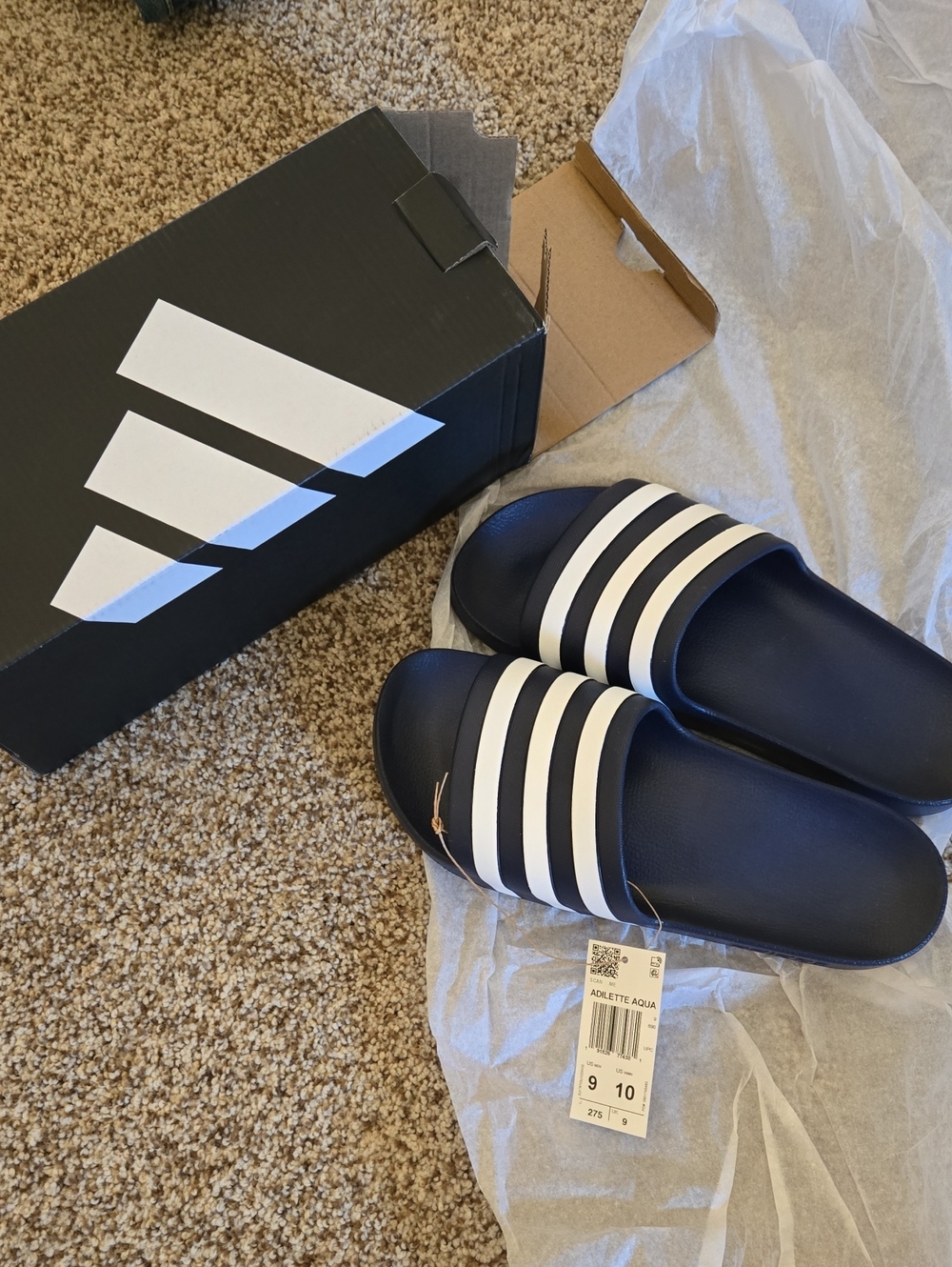 adidas Navy Slide Sandals with White Stripes